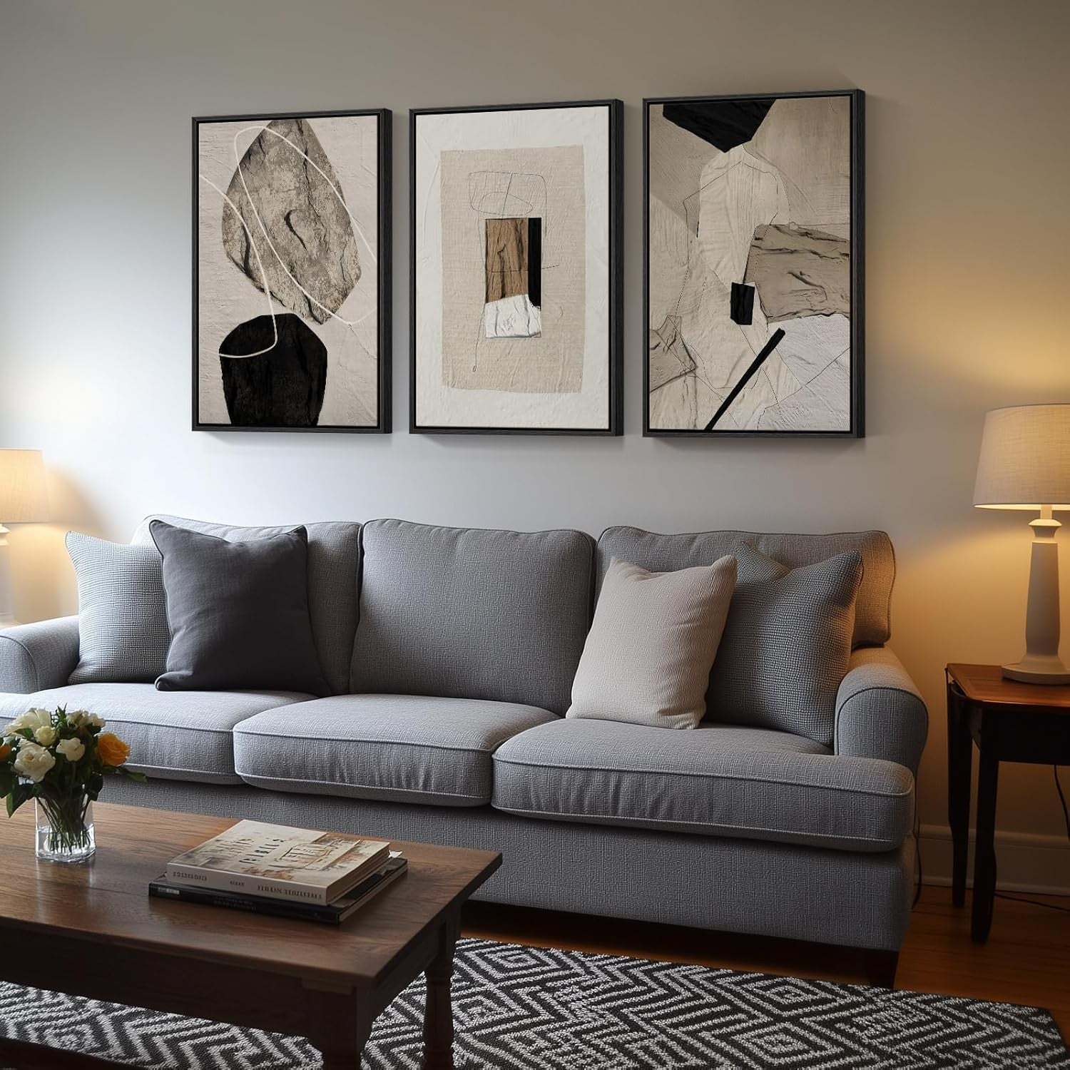 Large Neutral Abstract Wall Art Set 3 Framed 24x36 Black Beige