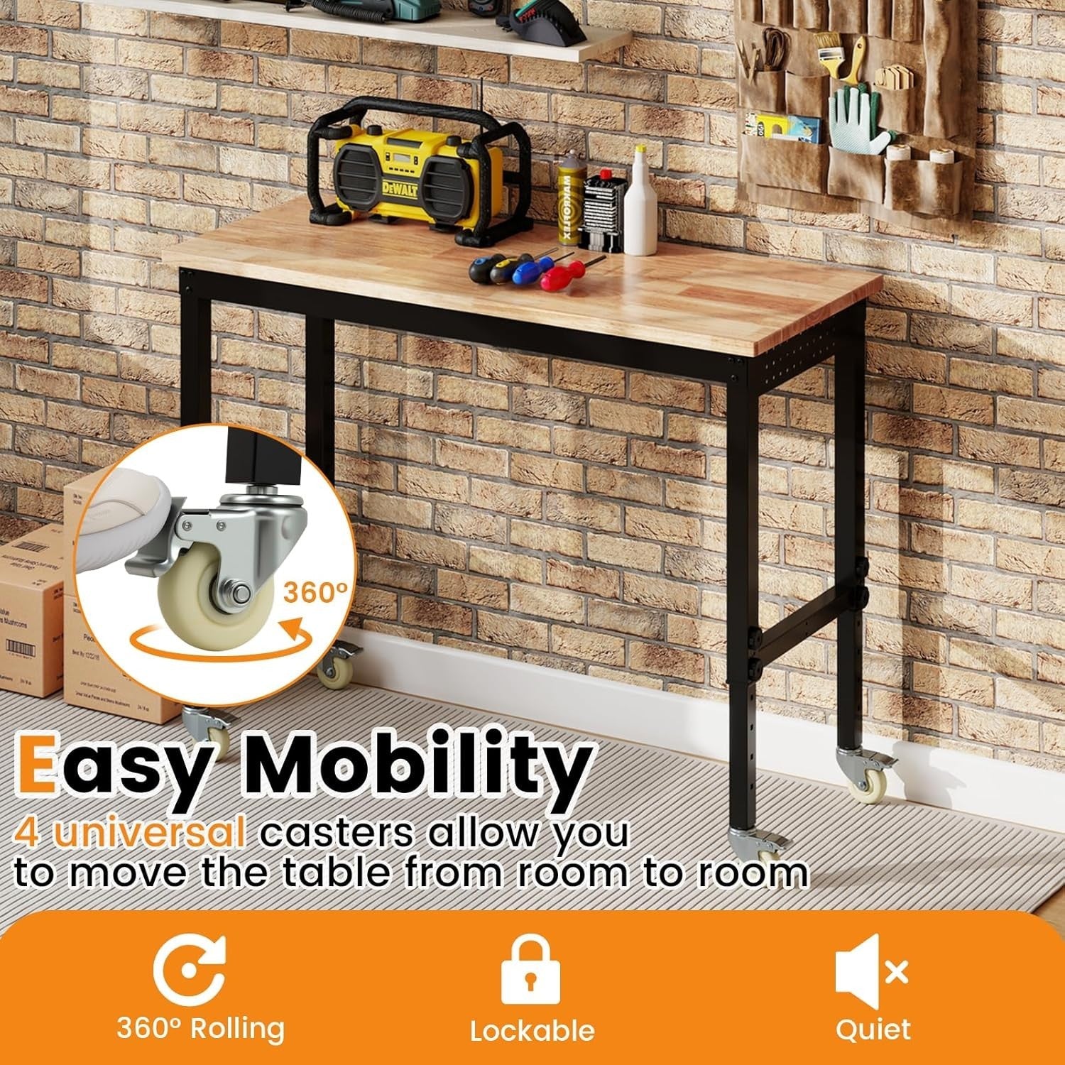 Adjustable Rolling Workbench 1100kg Heavy Duty Bamboo Top 122x51 Locking Wheels