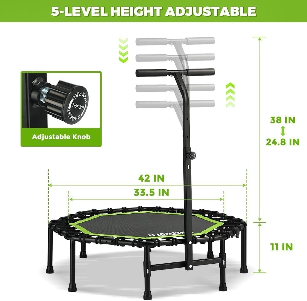 42in Foldable Fitness Trampoline Quiet Rebounder Adjustable Handle 330lb