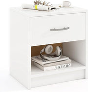 Modern White Bedside Table with Drawer & Shelf, Wooden Nightstand 38x28x40cm