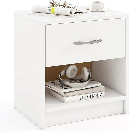 Modern White Bedside Table with Drawer & Shelf, Wooden Nightstand 38x28x40cm