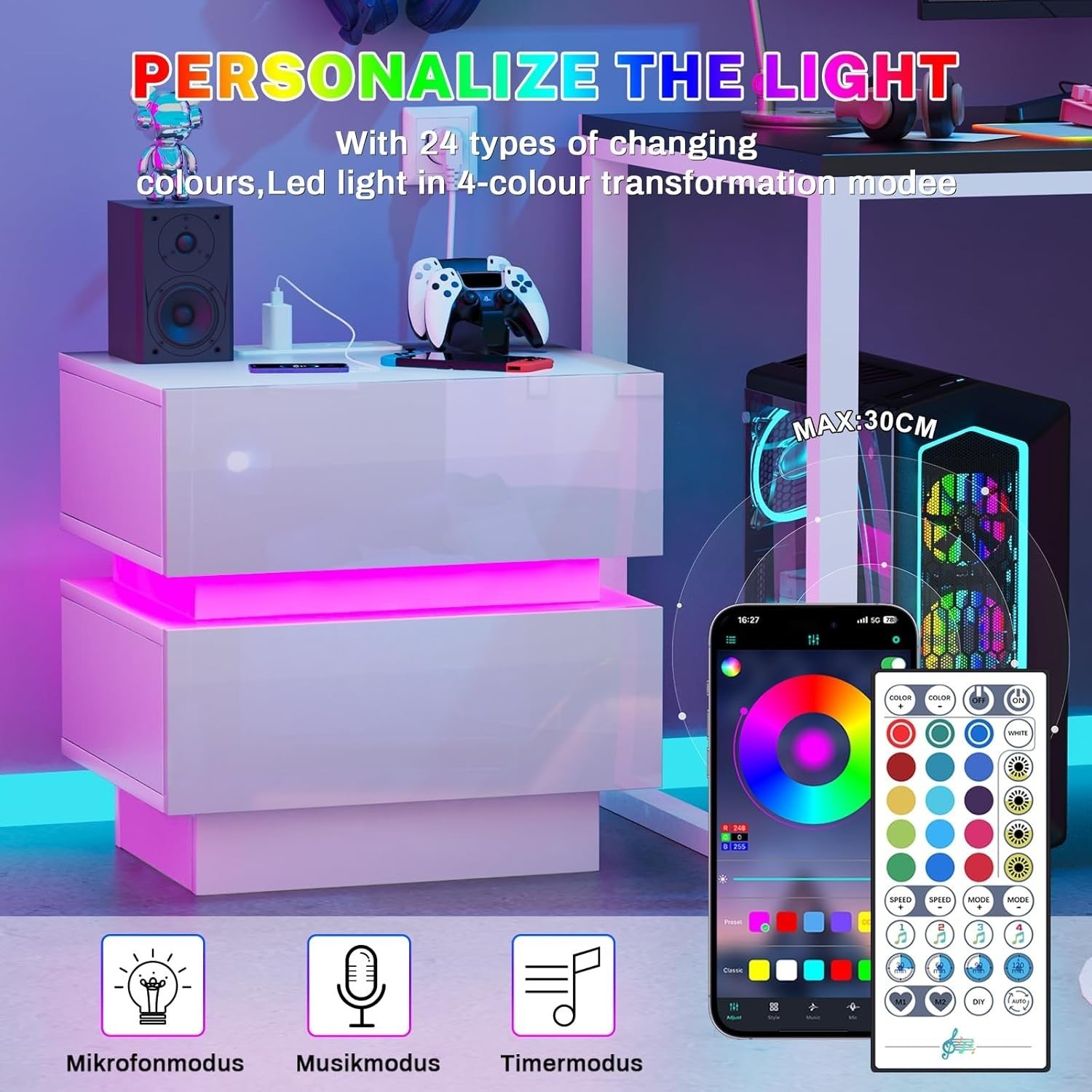 Modern LED Bedside Table with USB Charging, 2 Drawers, Gloss Finish