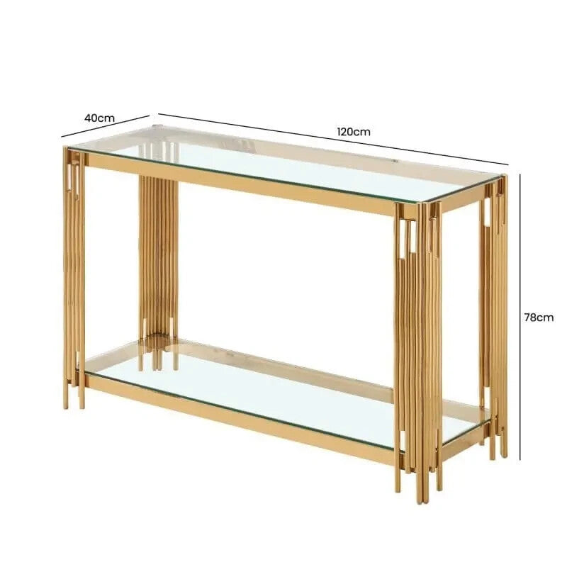 Gold Glass Console Table Modern 2 Tier Entryway Shelf Steel Frame