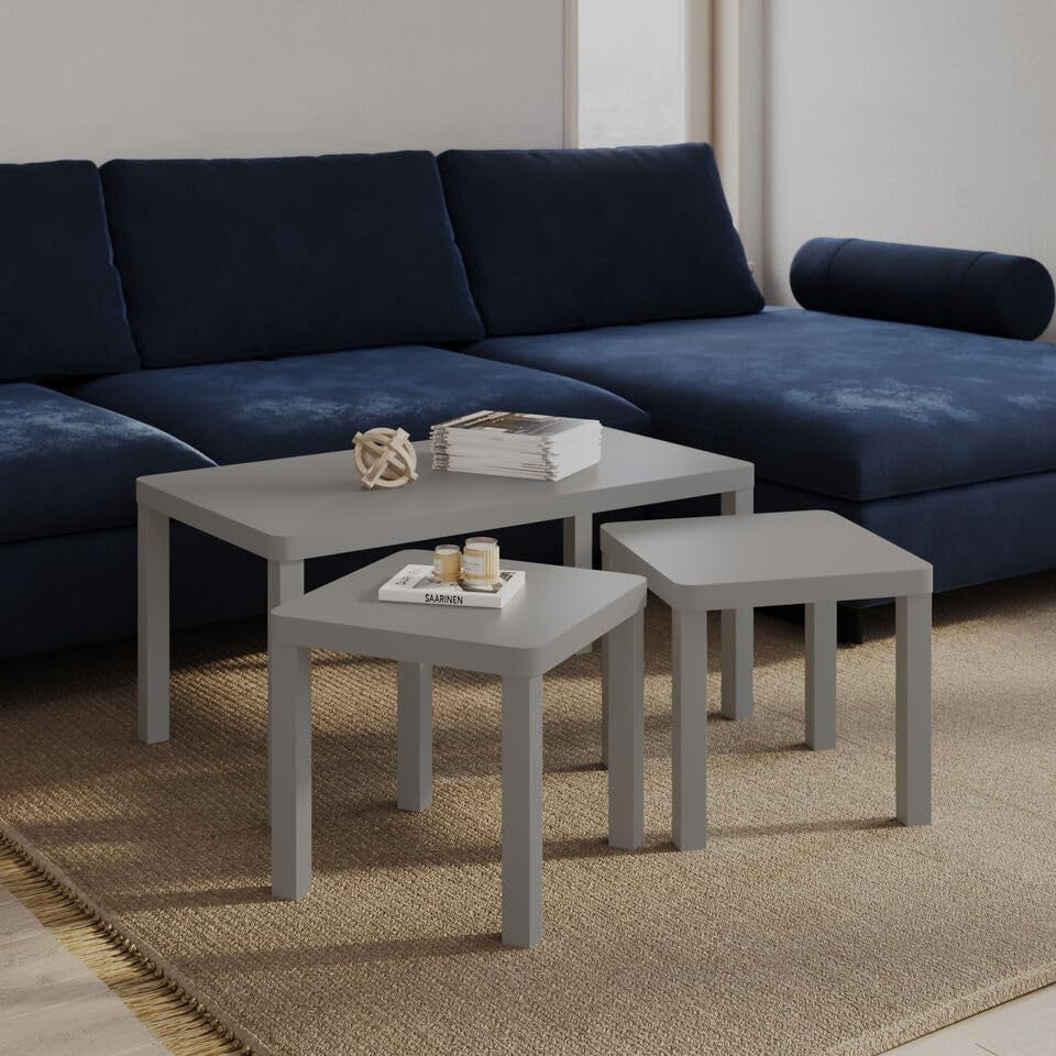 3 Nesting Coffee Tables Set Storage Side End Accent Modern Wood Grey