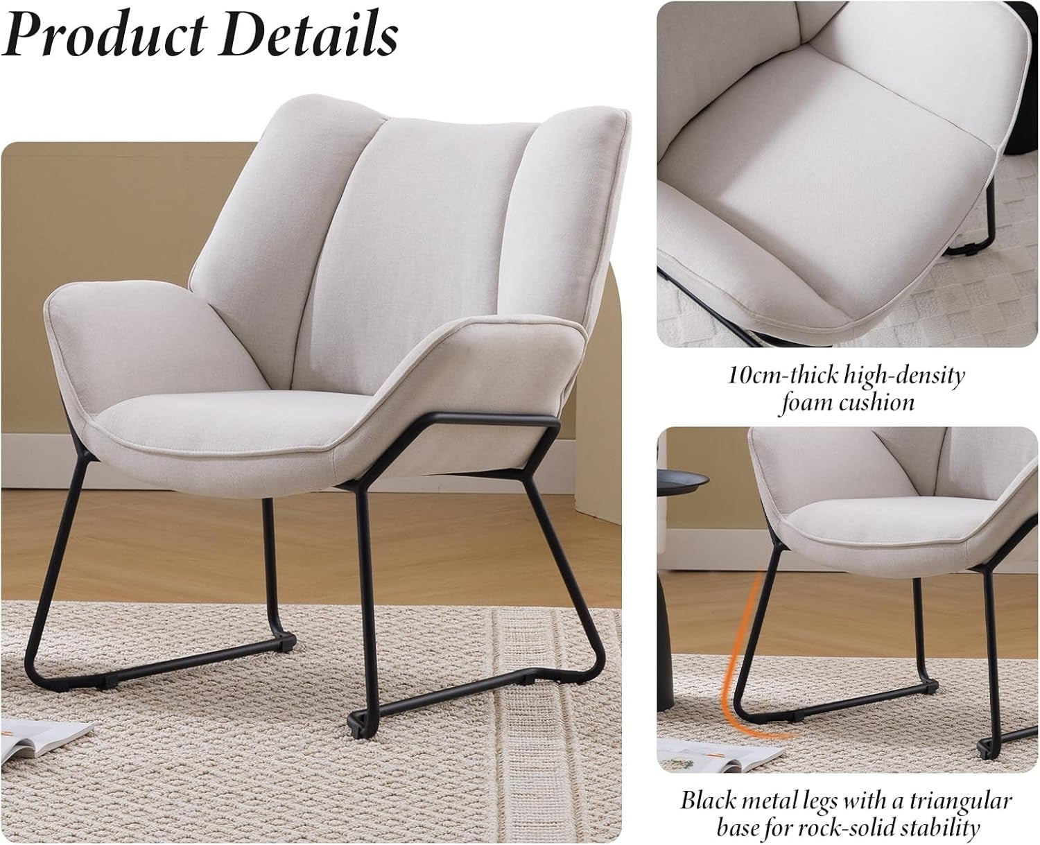 Modern Linen Tub Armchair Beige Upholstered Accent Chair with Metal Legs