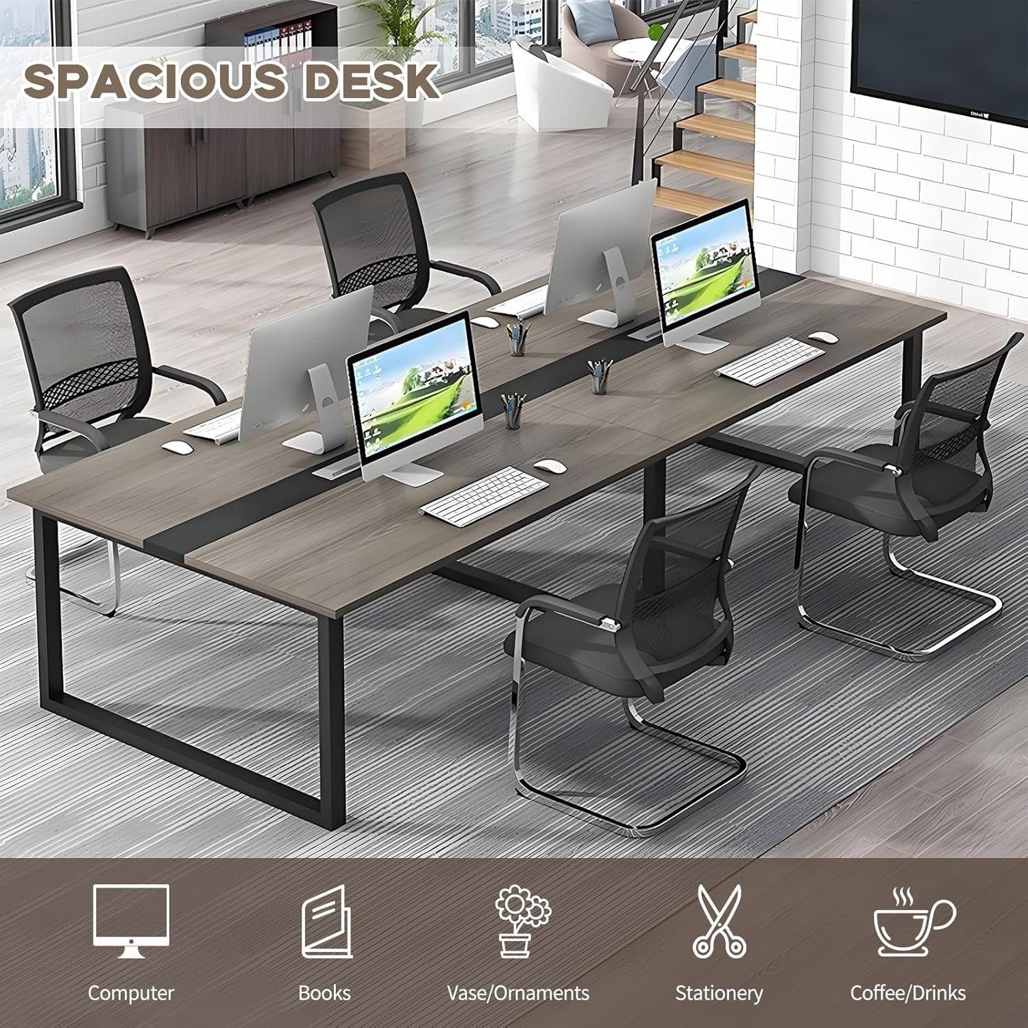 Large Black Conference Table Meeting Desk w/ Cable Duct Metal Frame 120×60cm
