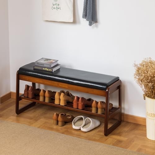 Contemporary Black Solid Wood Shoe Bench with Cushion & Hidden Storage