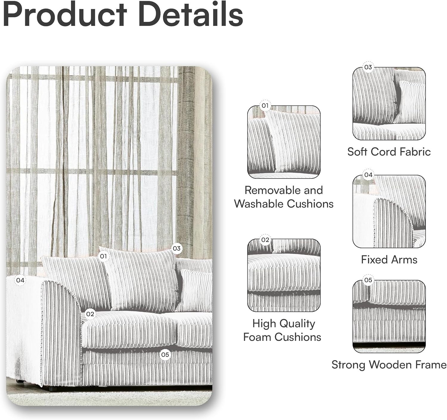 4 Seater Cream Jumbo Cord Scatter Back Right Hand Corner Sofa with Deep Seats