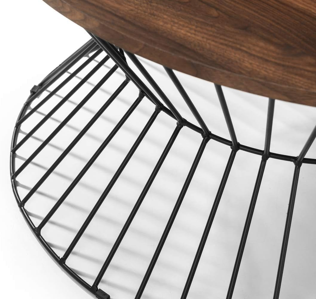 Round Walnut Coffee Table with Black Wire Base – Modern Industrial Style.