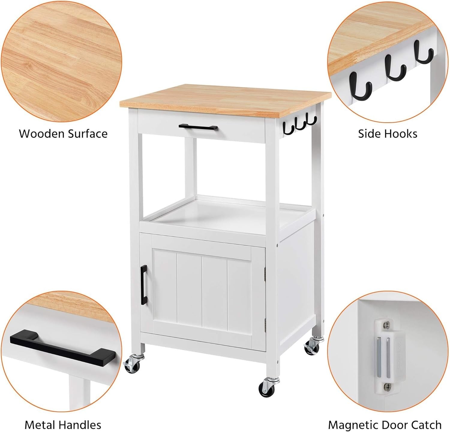 Kitchen Island Trolley on Wheels with Cabinet Drawer Hooks Rolling Serving Cart
