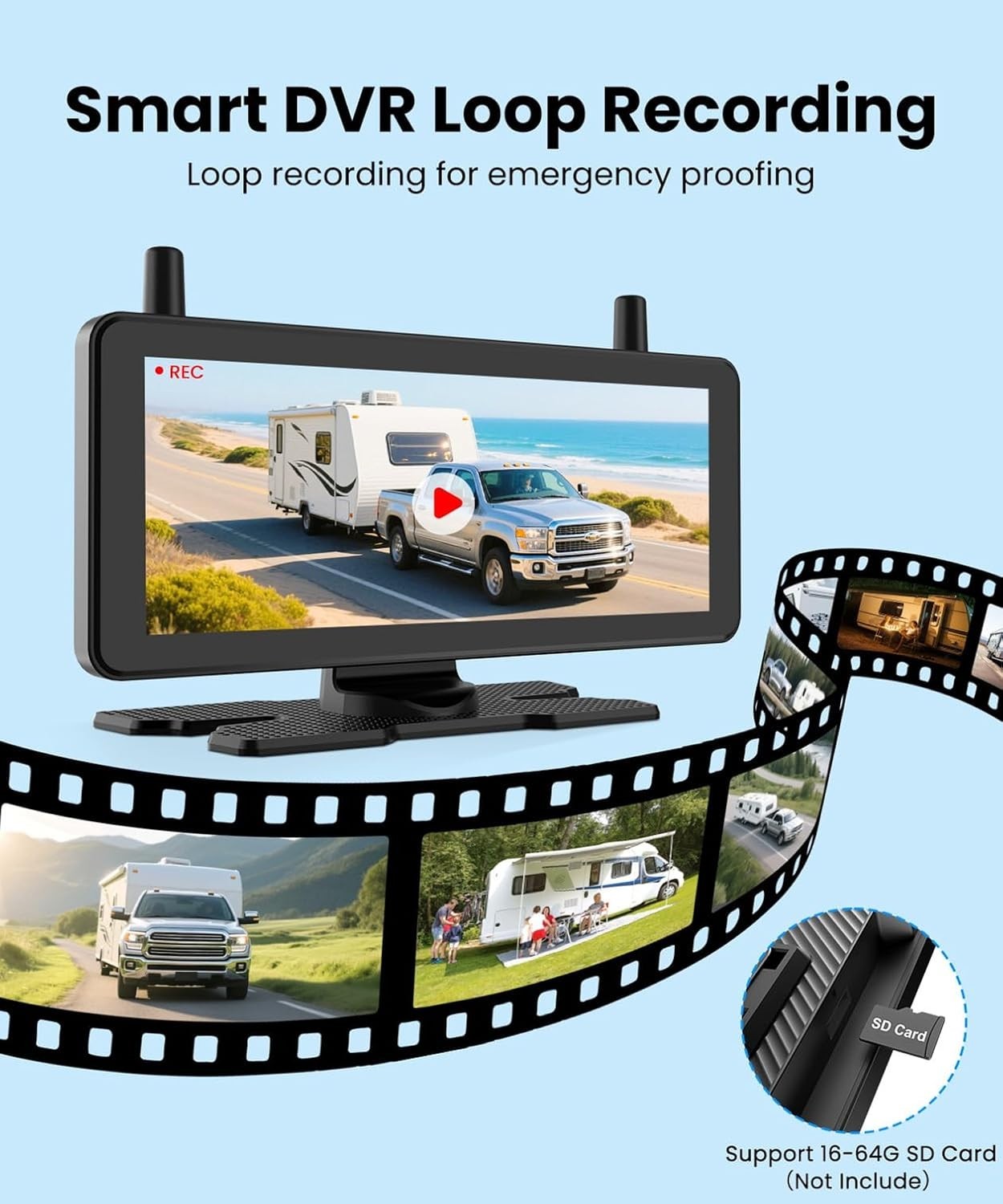 Solar Wireless Reversing Camera System 1080P HD Dual Camera 7.2" DVR