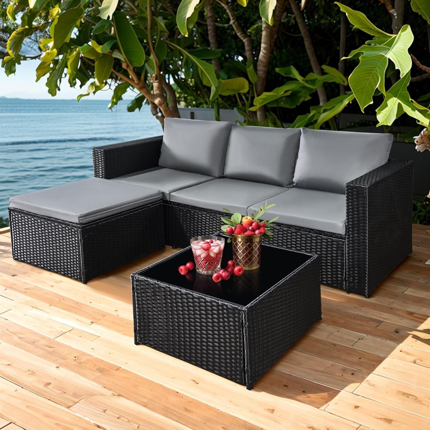 3PC Rattan Garden Sofa Set Outdoor Sectional w/ Glass Table & Cushions