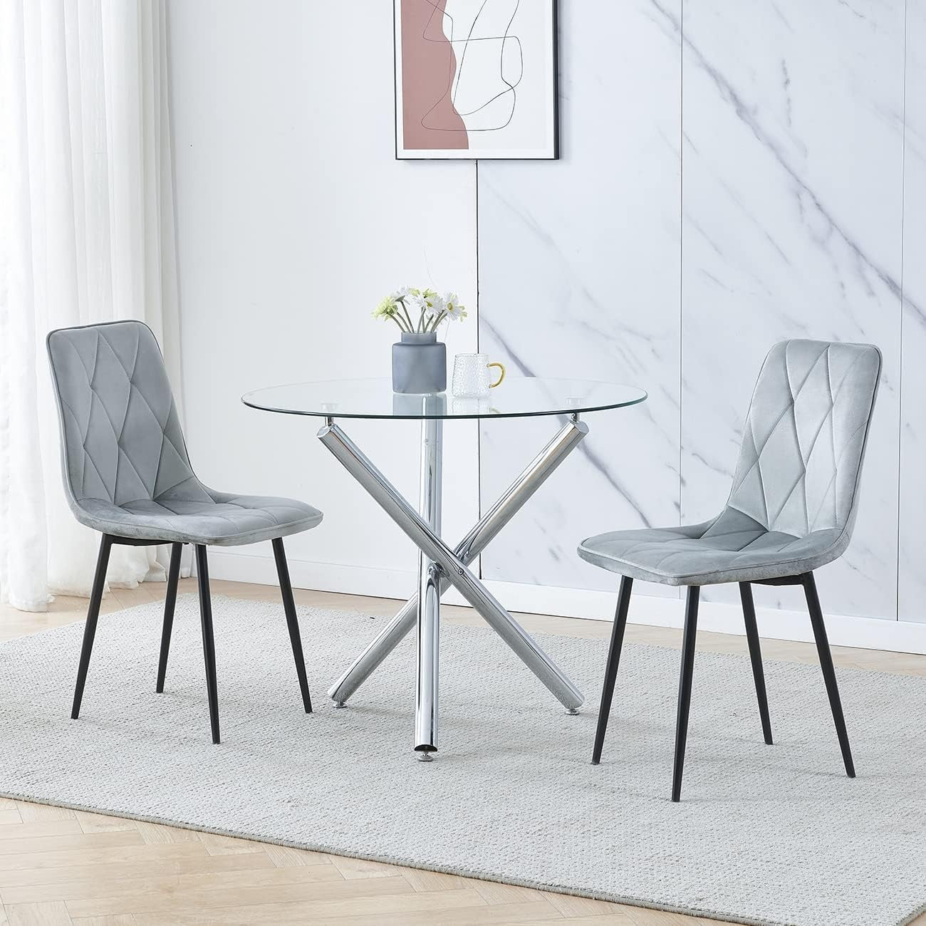 Round Glass Dining Table Set 4 Grey Velvet Chairs Compact Modern Kitchen
