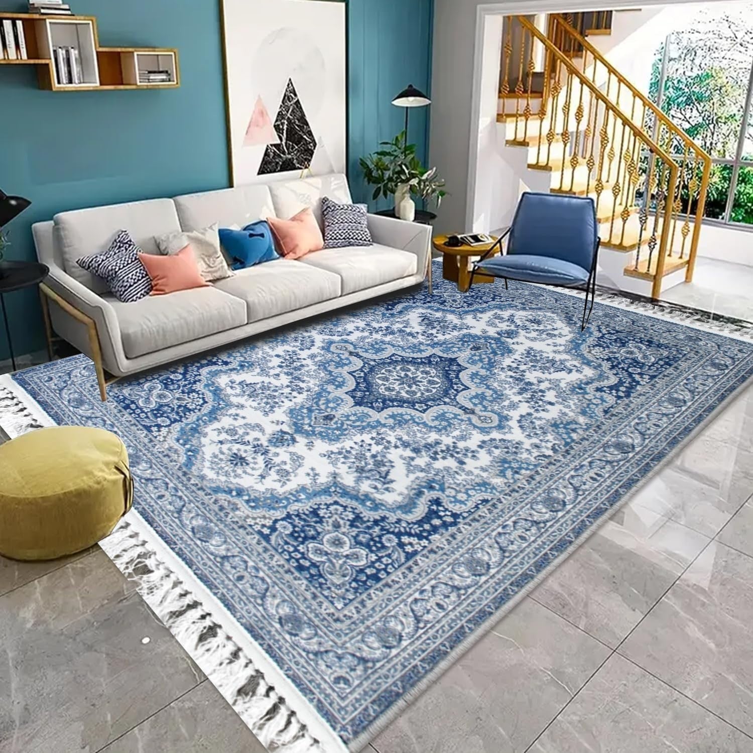 Blue Vintage Kitchen Rug 80x150cm Non Slip Washable Low Pile Runner