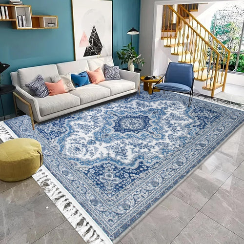 Blue Vintage Kitchen Rug 80x150cm Non Slip Washable Low Pile Runner