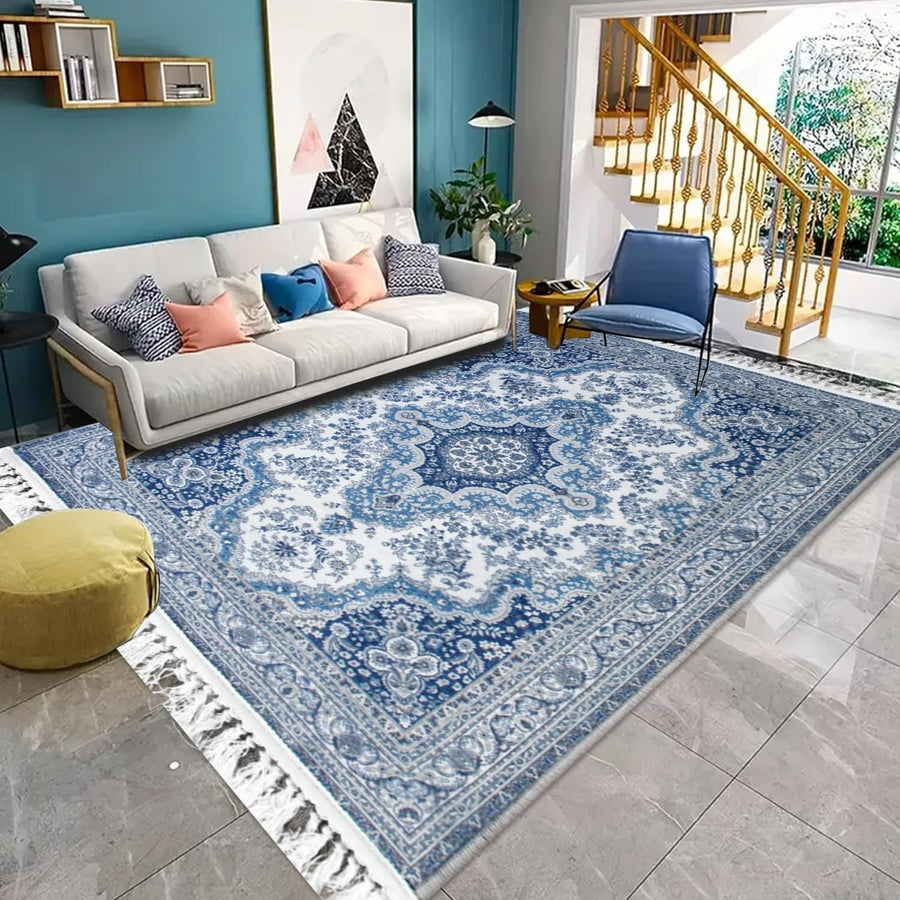 Blue Vintage Kitchen Rug 80x150cm Non Slip Washable Low Pile Runner