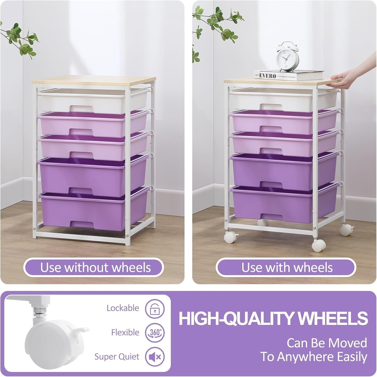 5 Drawer Mobile Storage Trolley Rolling Organizer Cart Purple Wheels