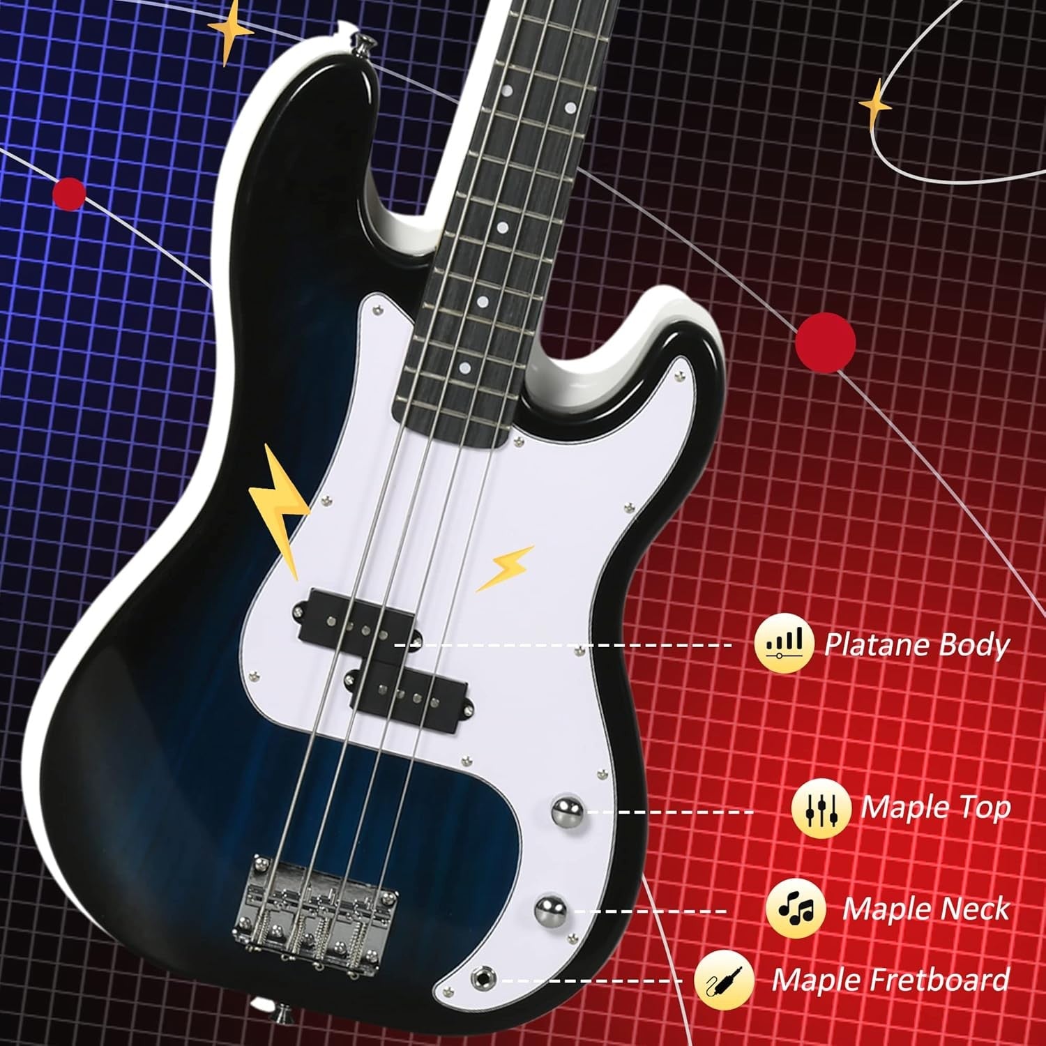 4 String Electric Bass Guitar Full Size Starter Kit w/ Amp Blue