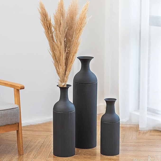 Tall Black Metal Floor Vase Set Ribbed Modern Decor for Pampas Grass