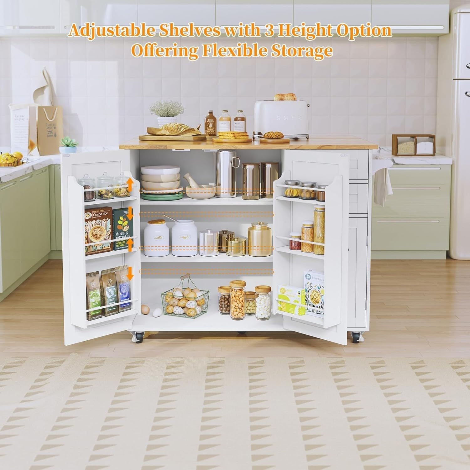 White Kitchen Island on Wheels with Extendable Rubberwood Top & Storage