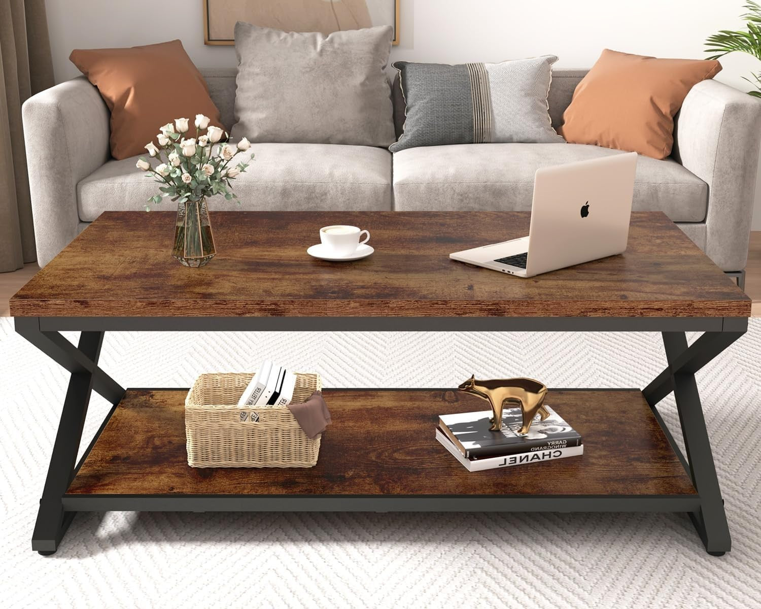Industrial Coffee Table with Storage Shelf, 47" Rustic Wood Metal Living Room