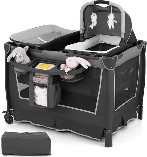 4in1 Baby Travel Cot with Bassinet Changing Table Playpen Wheels & Storage Grey