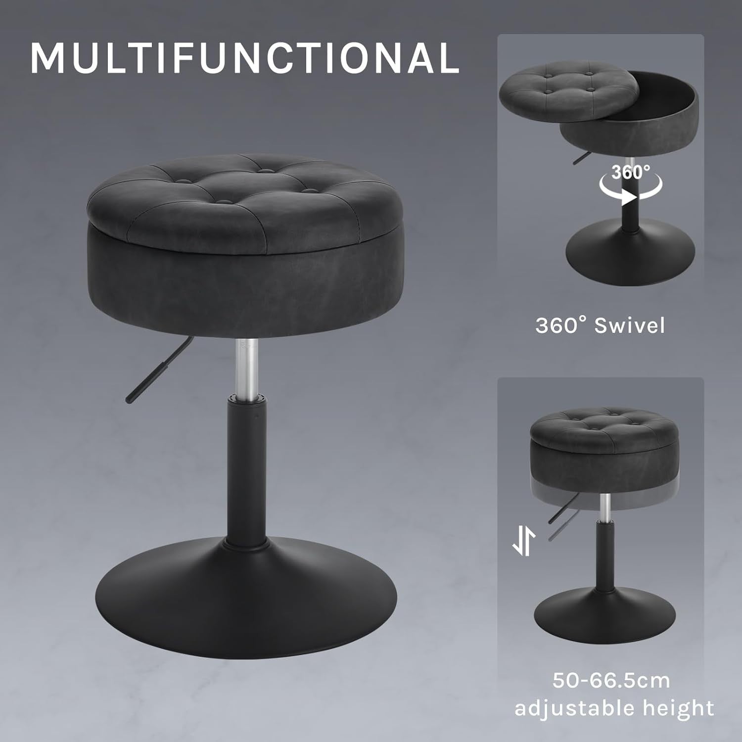 Anthracite Swivel Vanity Stool with Storage Adjustable Faux Leather Seat