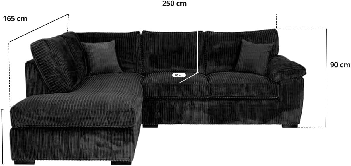 L Shape Jumbo Cord Corner Sofa 4 Seater Black Left Hand Soft Cushions