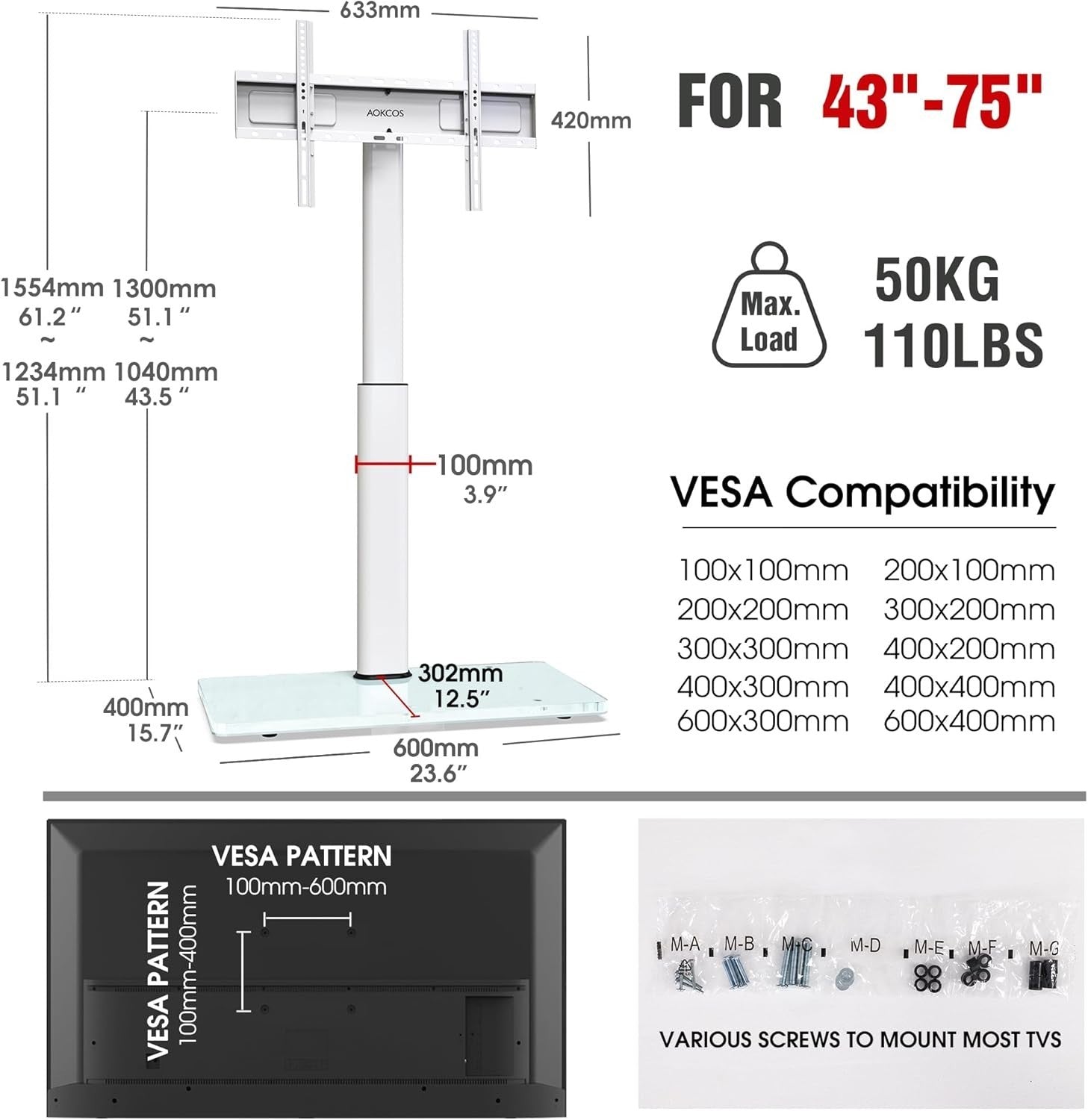 Adjustable TV Floor Stand 43-75" Swivel Tilt 1554mm Height Max 50kg Load
