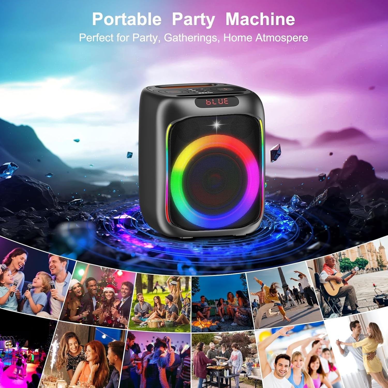 80W Portable Bluetooth Karaoke Machine 2 Wireless Mics LED Lights