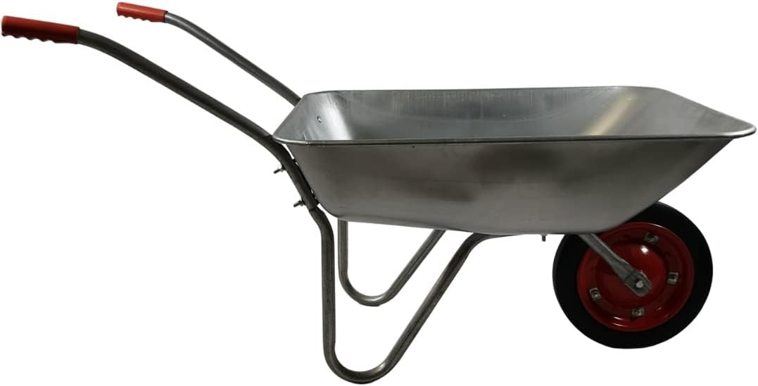 65L Wheelbarrow Silver – Galvanised Metal w/ Solid Tyre Durable Garden 60kg