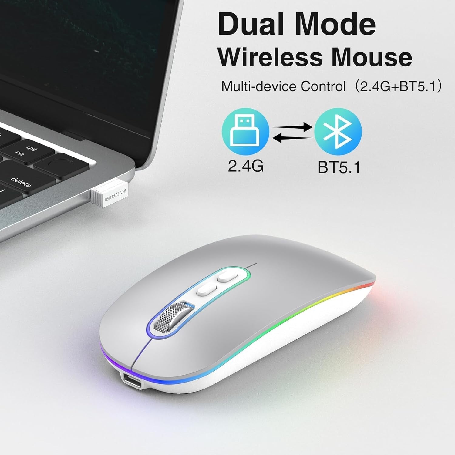 Silent Rechargeable Wireless Mouse Bluetooth 2.4G Slim Ergonomic 1600DPI