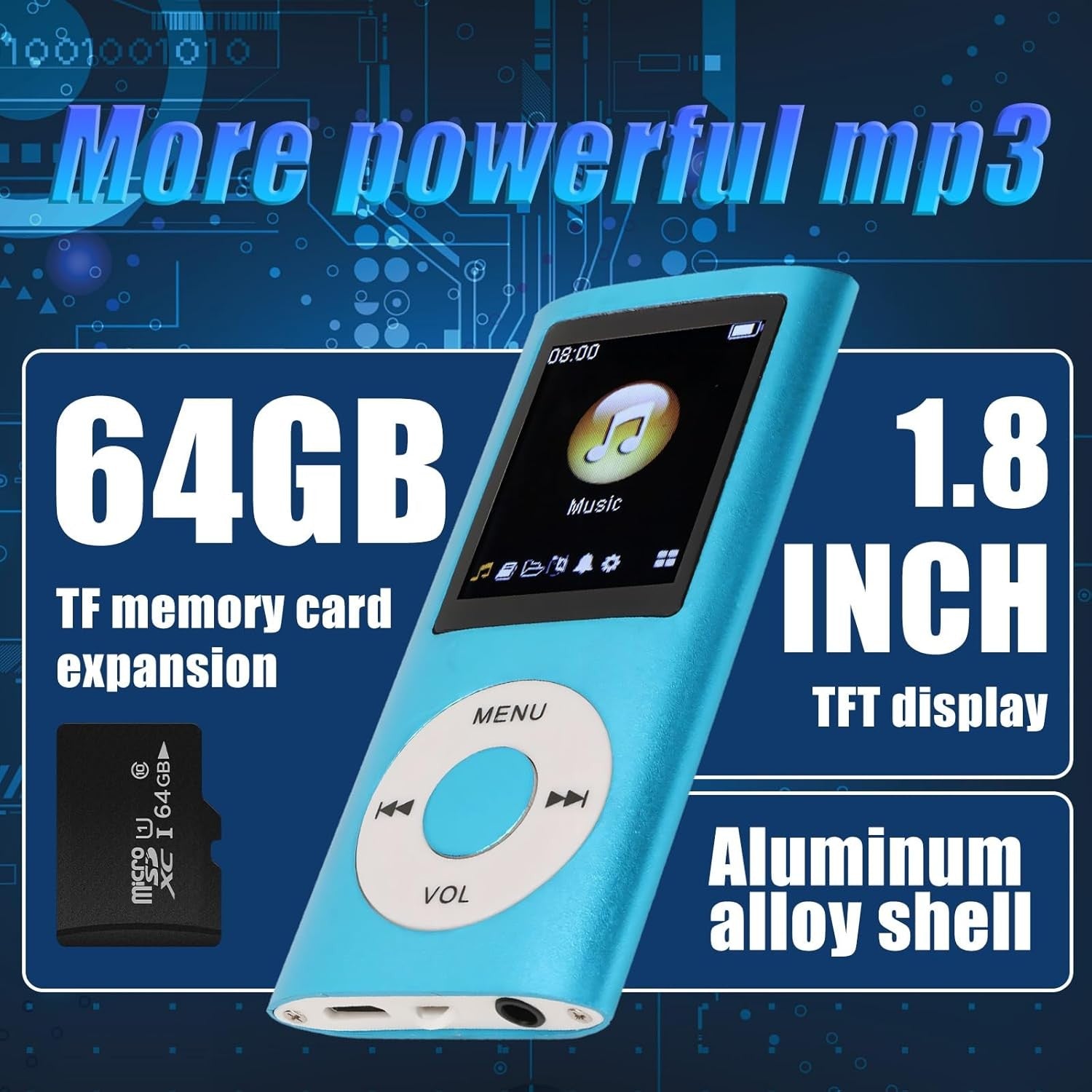 64GB MP3 Player Blue Bluetooth HiFi 1.8" LCD Speaker
