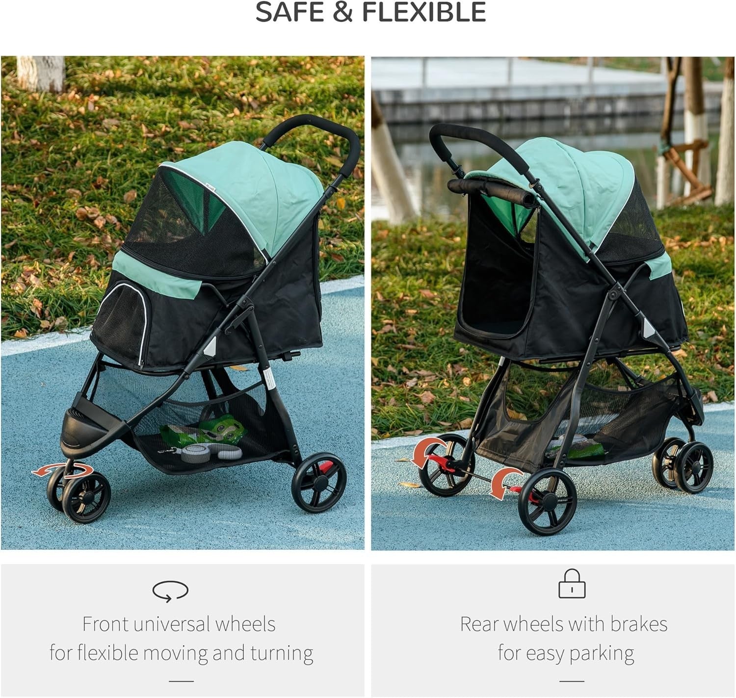 Green 3 Wheel Dog Pushchair Foldable Pet Pram with Rain Cover