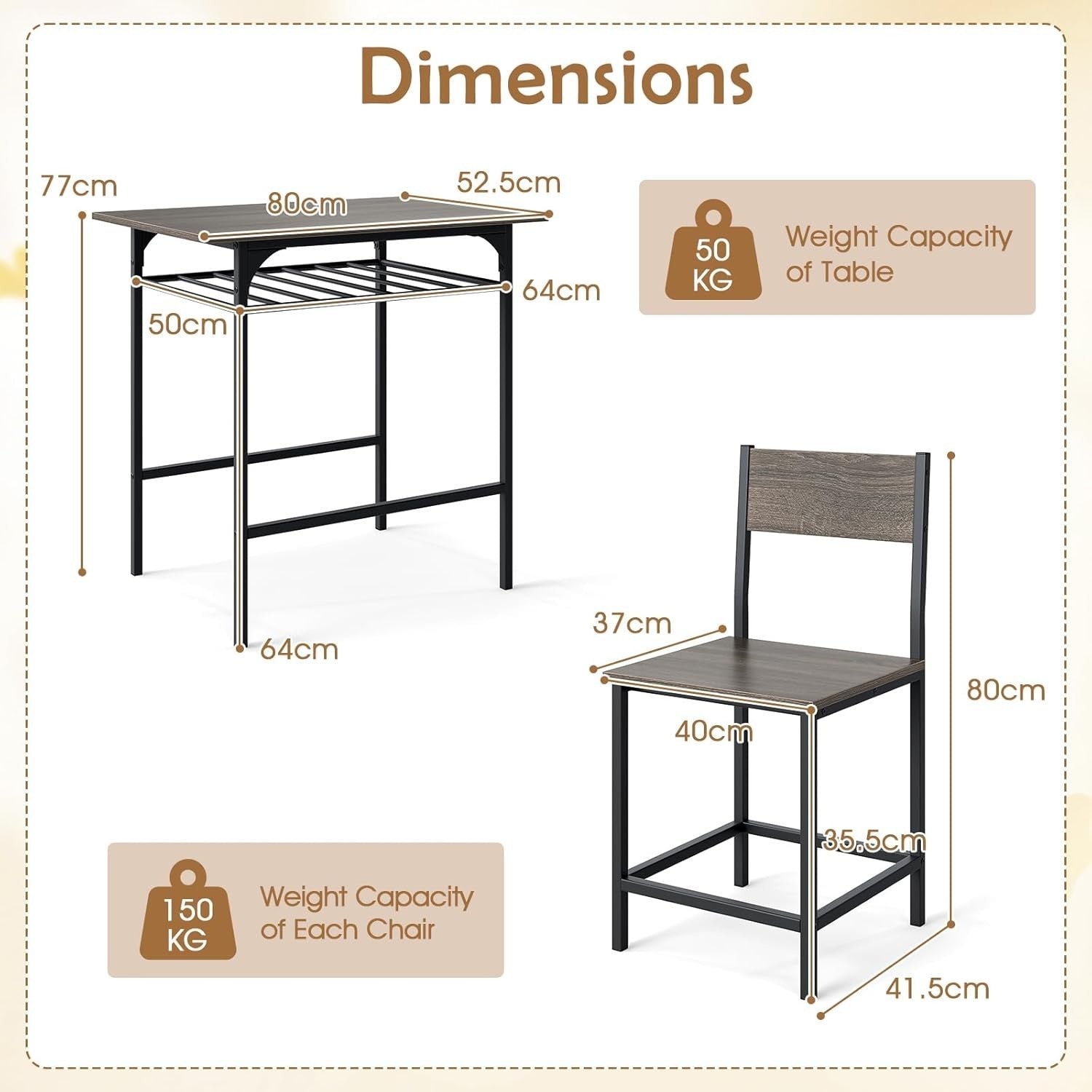 Dining Table Set Grey Storage Rack & 2 Stools, Compact Space Saving Kitchen Set