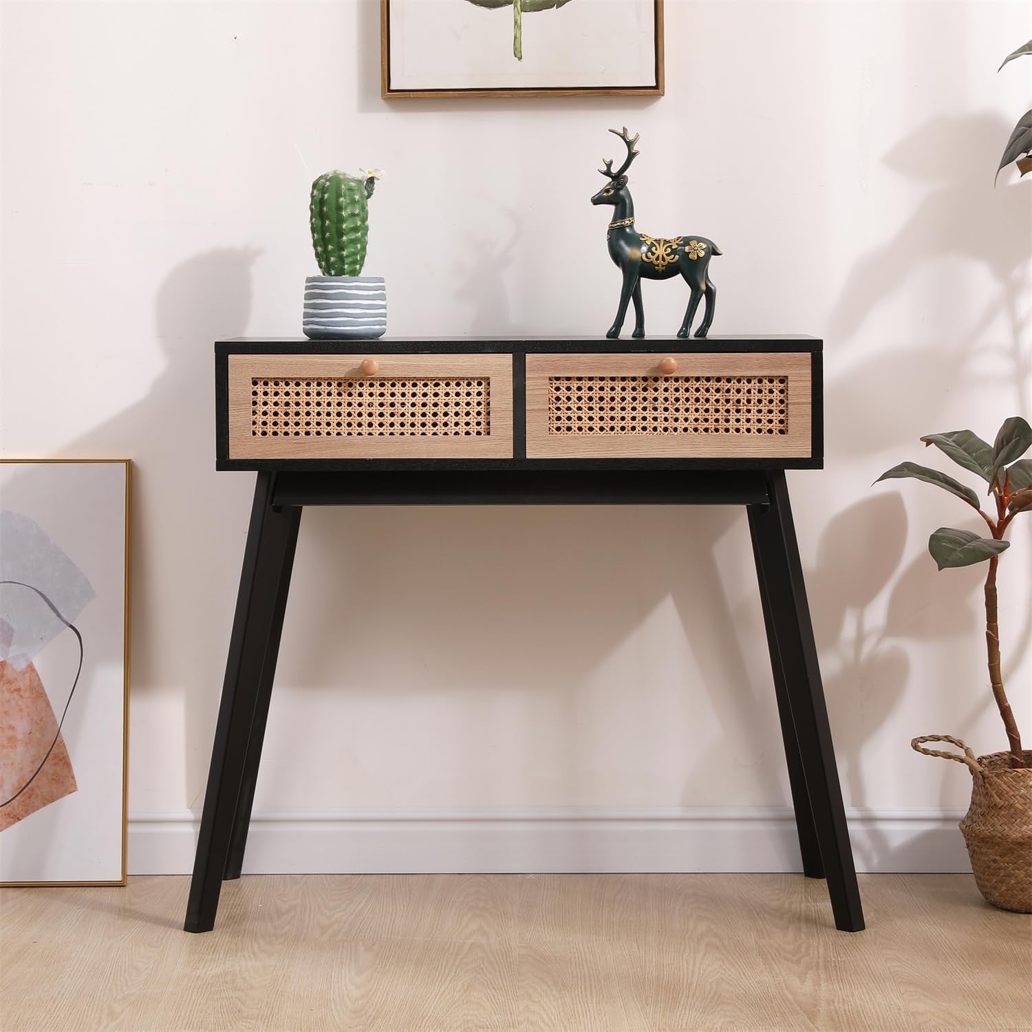 Modern Console Table with 2 Rattan Drawers | Stylish Hallway & Office Storage