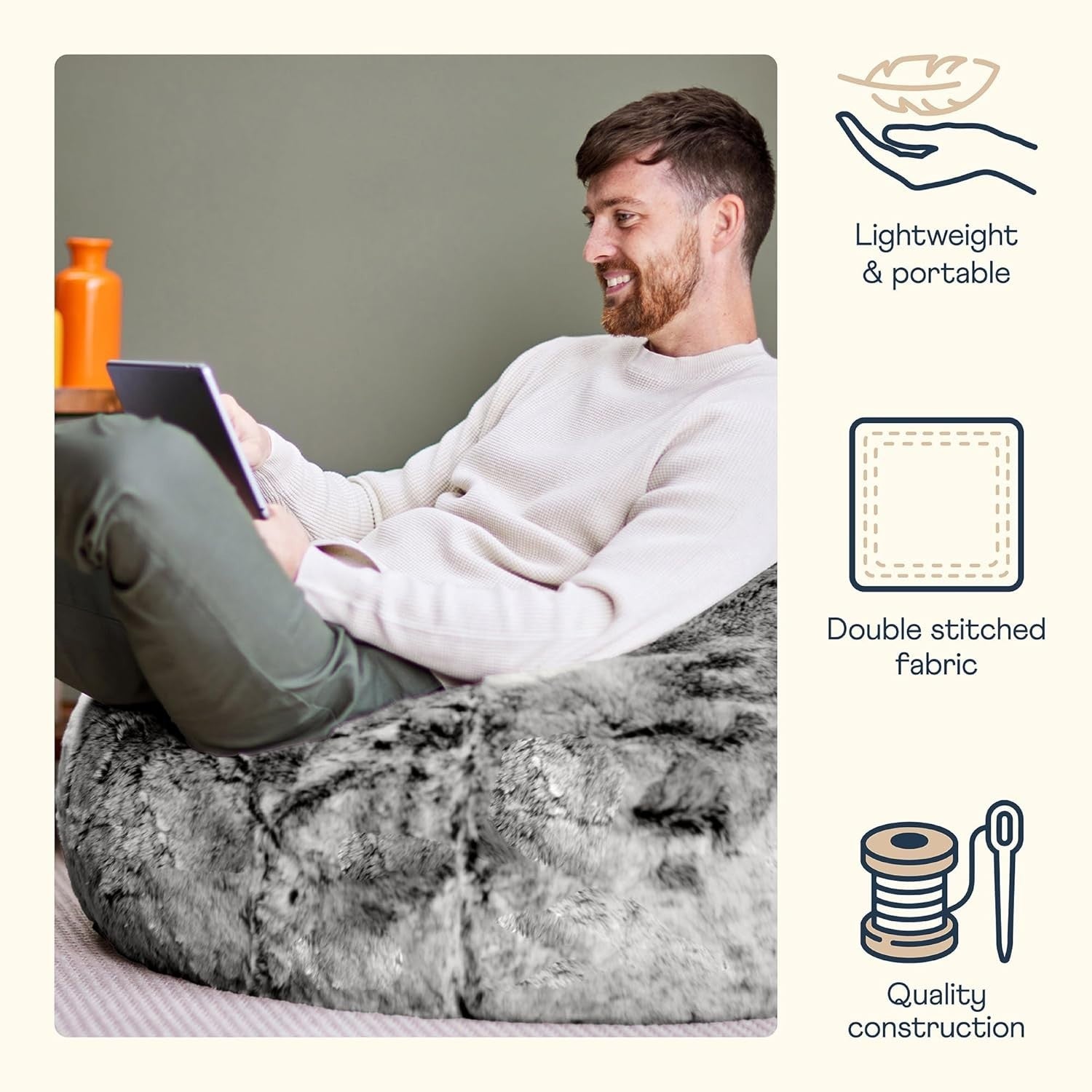 Luxury Faux Fur Bean Bag Chair Large Grey Comfy Seat for Lounge Bedroom