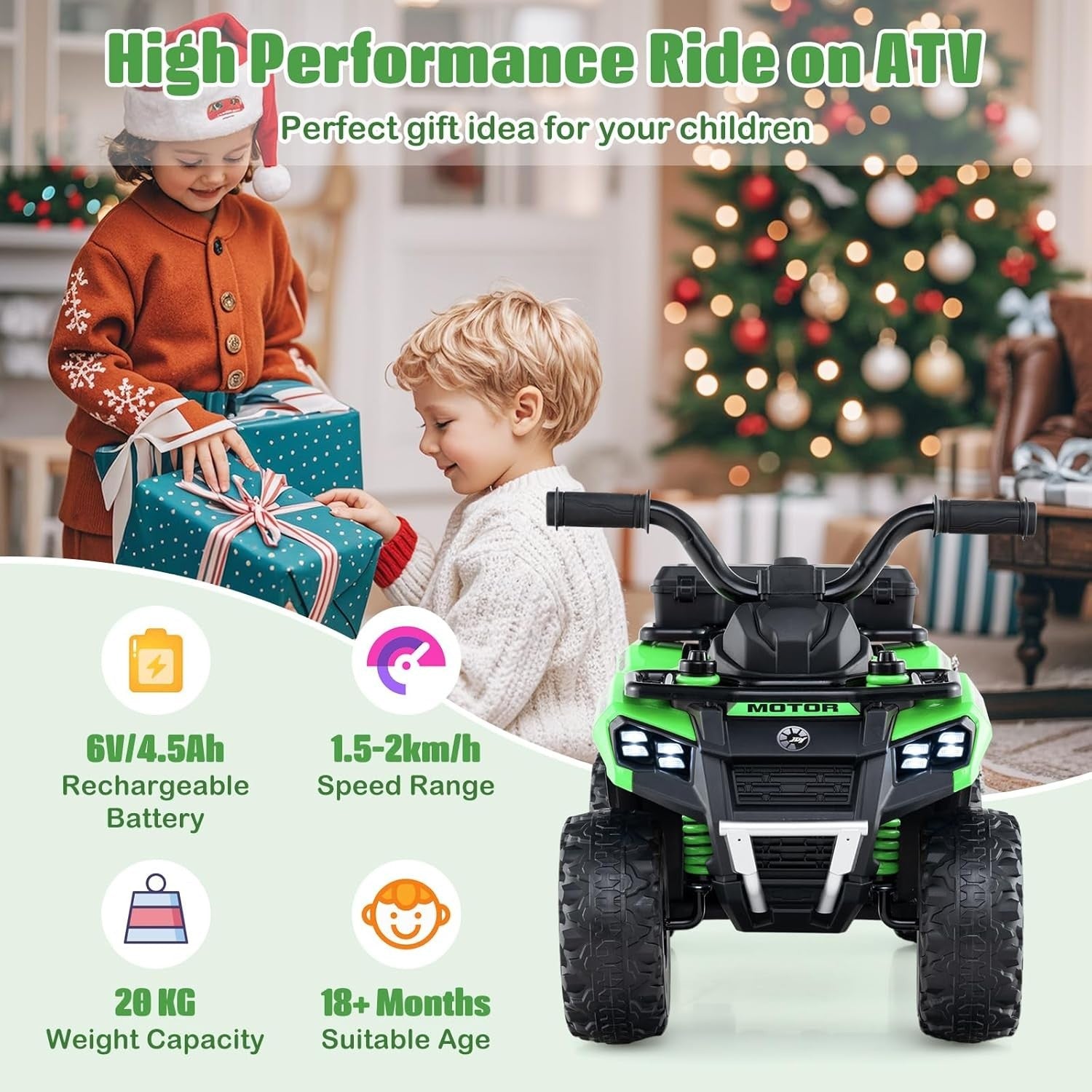 Kids Electric Quad Bike 6V Ride On ATV LED Lights Music Green 20kg