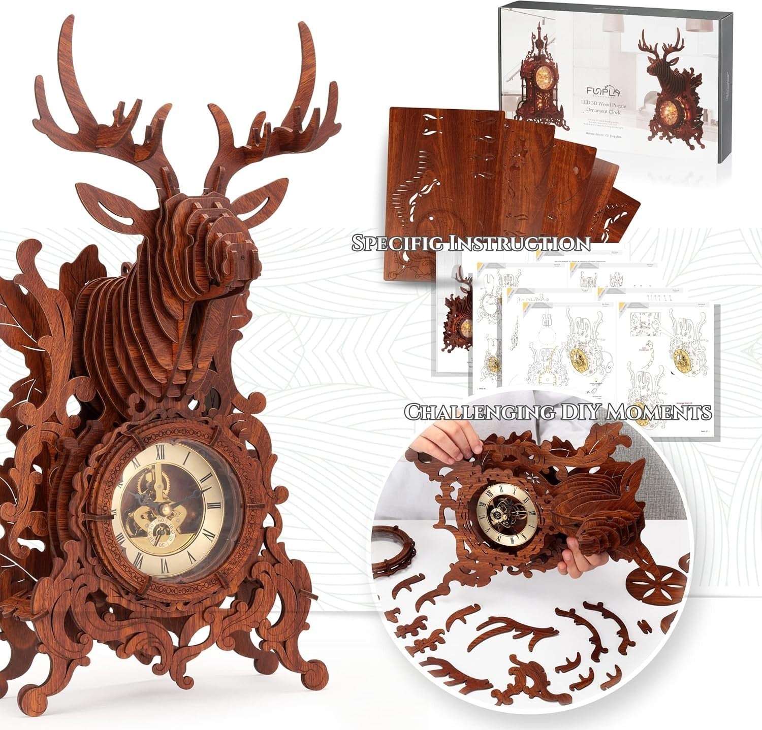 3D Wooden Elk Clock Puzzle with LED Light, DIY Home Decor Gift