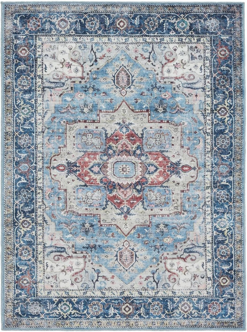 Large Oriental Area Rug 300x400cm Blue Multi Low Pile Machine Washable