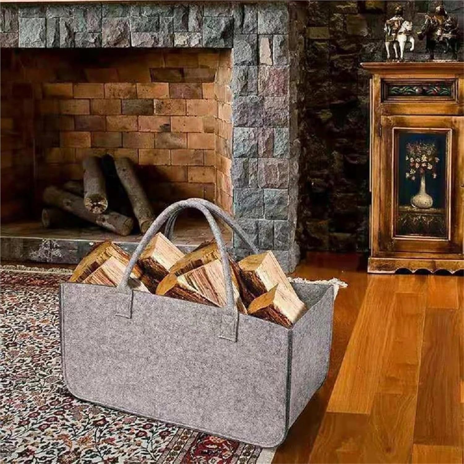 Large Firewood Log Carrier Tote Bag Felt Basket Grey Heavy Duty Storage