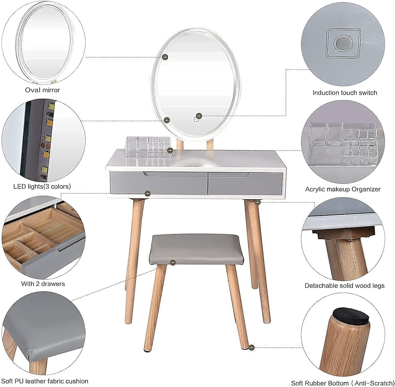 Vanity Makeup Dressing Table Set W/ Lighted Oval Mirror Stool 2 Drawers Storage