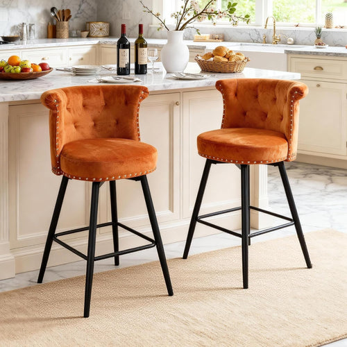 Swivel Bar Stools Set of 2 | Orange PU Leather L-Shaped Counter Chairs