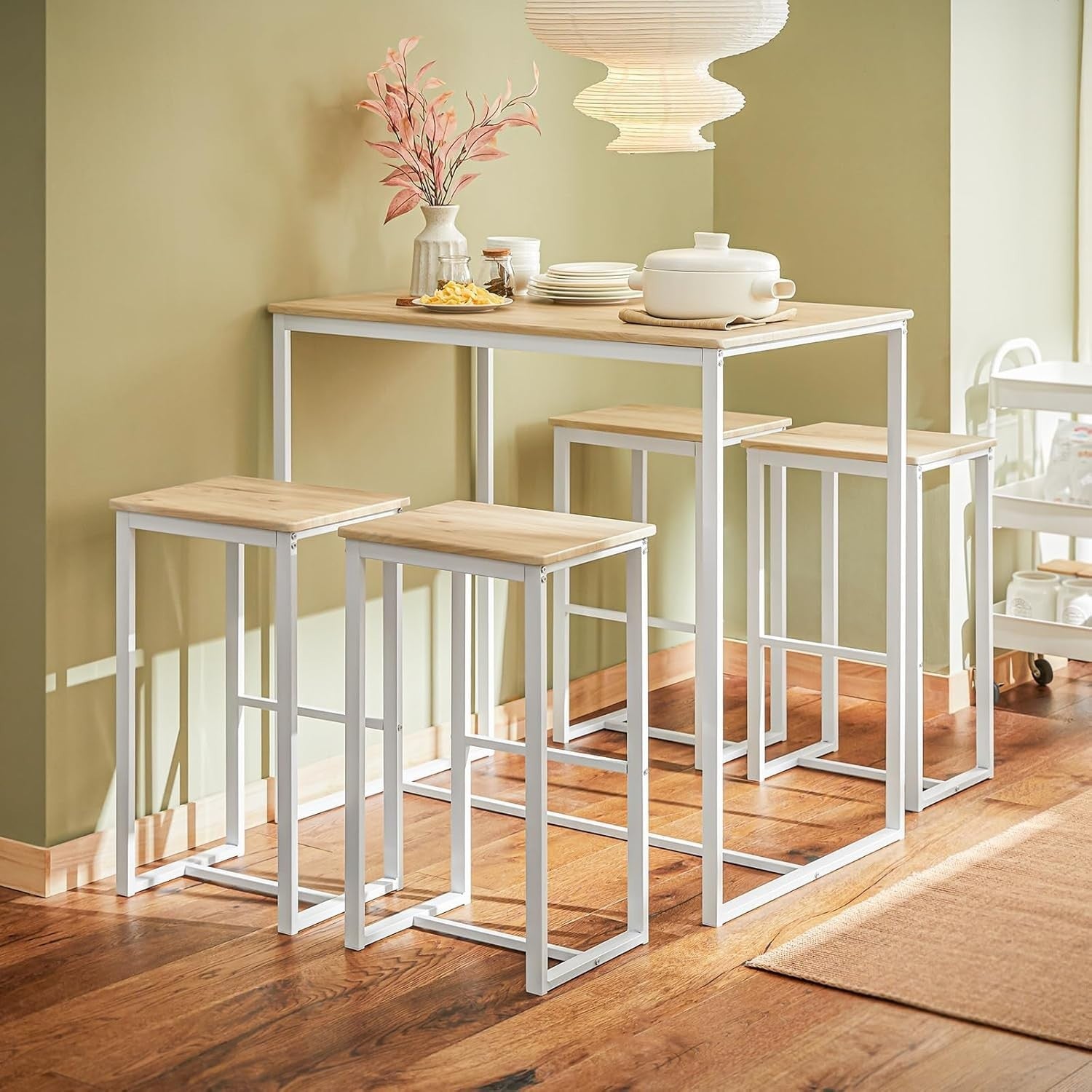 Compact Breakfast Bar Setup High Table Set 4 Stools, White & Natural 100×60cm