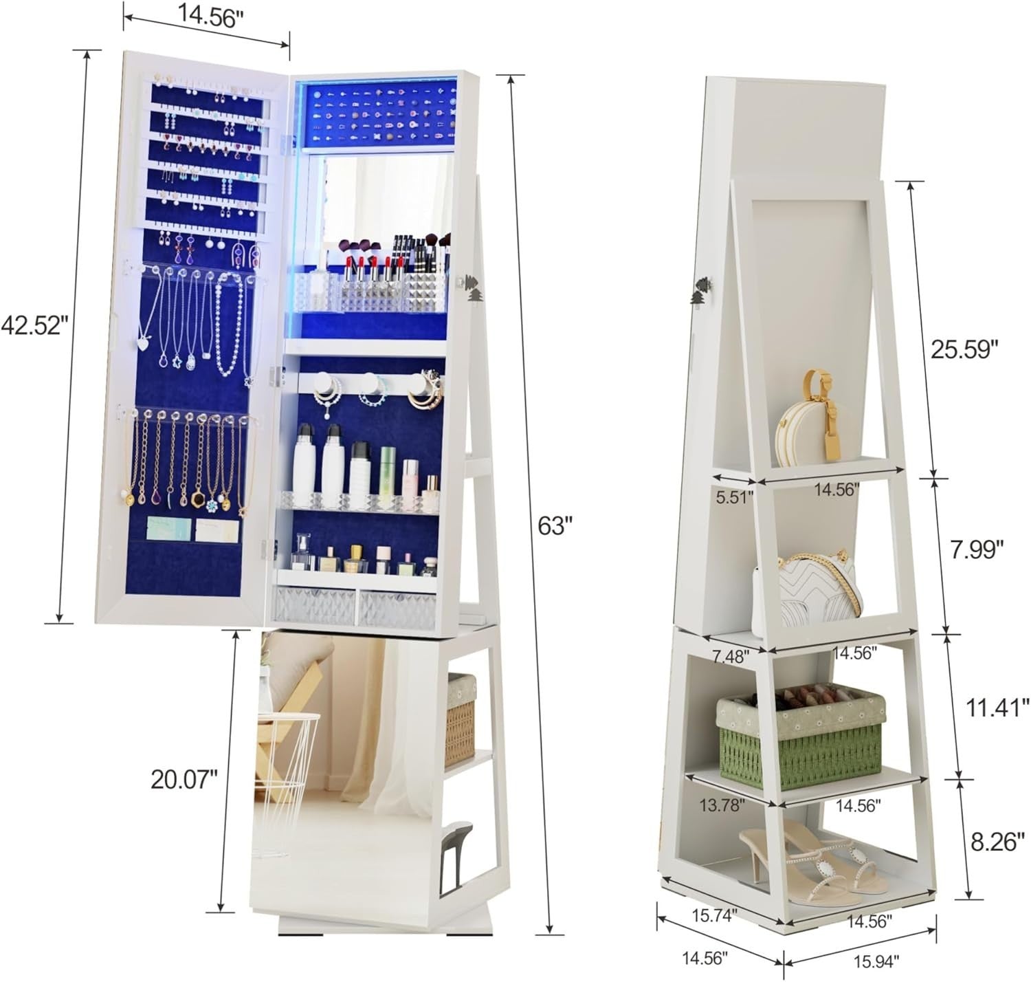 360° Swivel Jewelry Armoire Full Length Mirror LED Storage Cabinet White