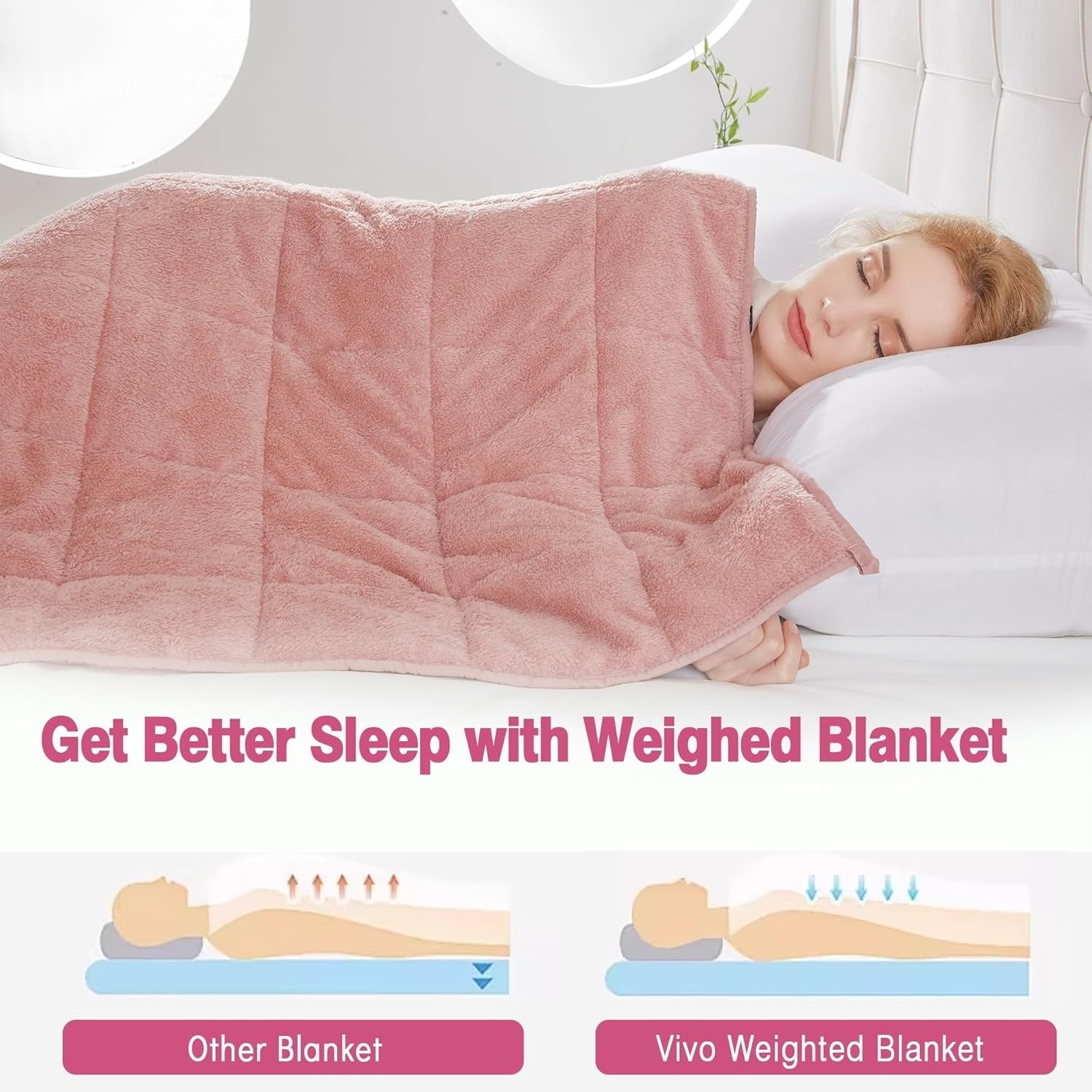 8kg Weighted Blanket, Blush Pink Teddy Fleece Quilted 150x200cm Anxiety Relief