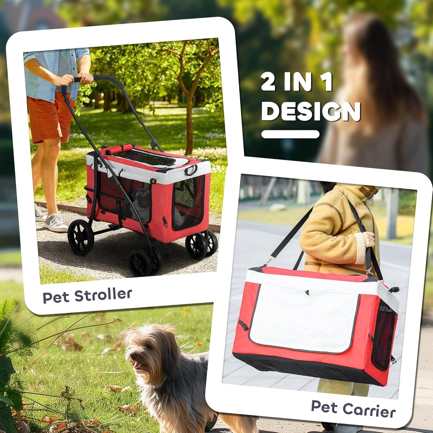 Dog Cat Pet Stroller Pushchair Detachable Carrier Foldable 4 Wheel Travel