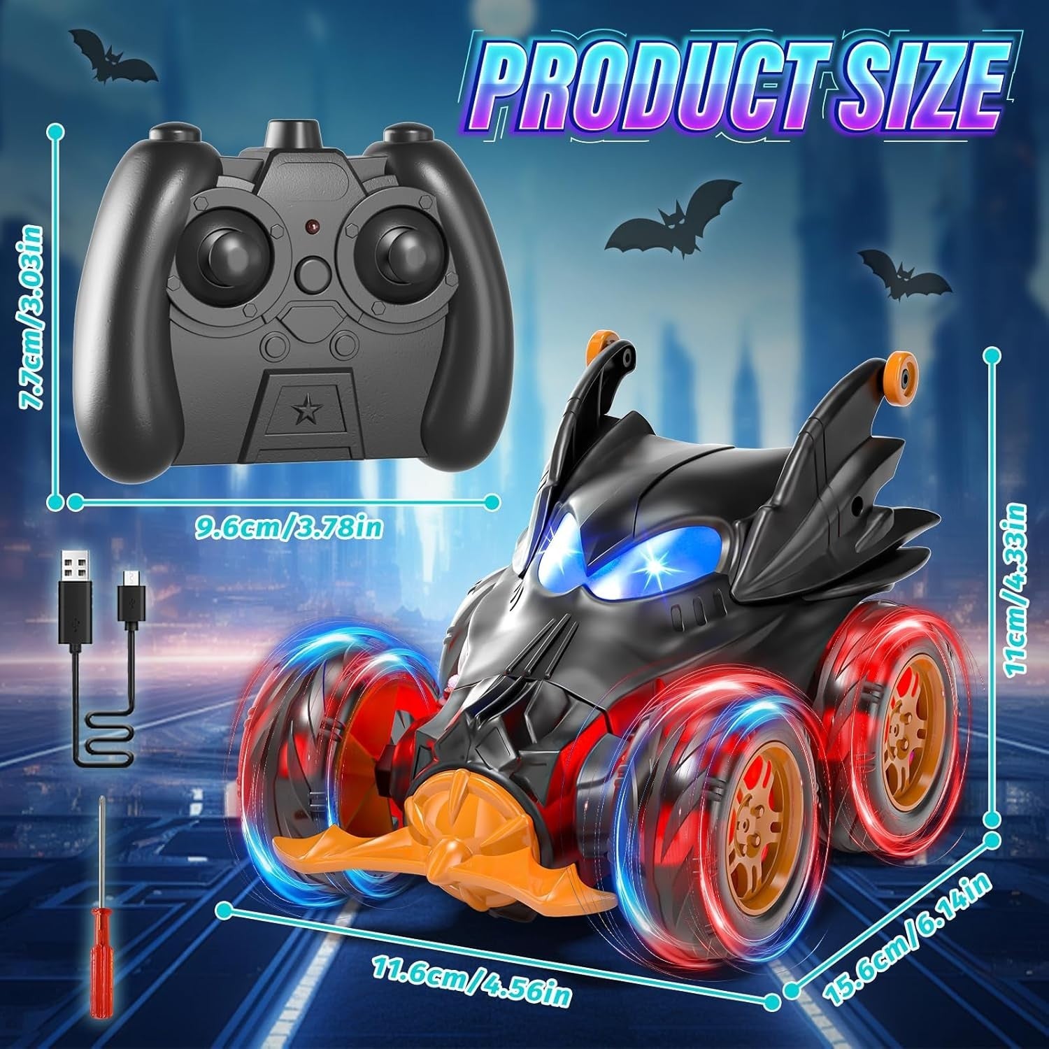 2.4GHz RC Stunt Car 4WD Bat Truck 360° Flips Lights Fast Remote Control Toy Kids