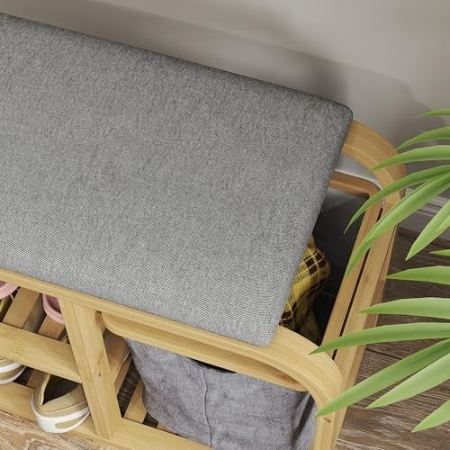 Natural Bamboo Shoe Storage Bench with Cushion & Basket 2 Shelves Entryway