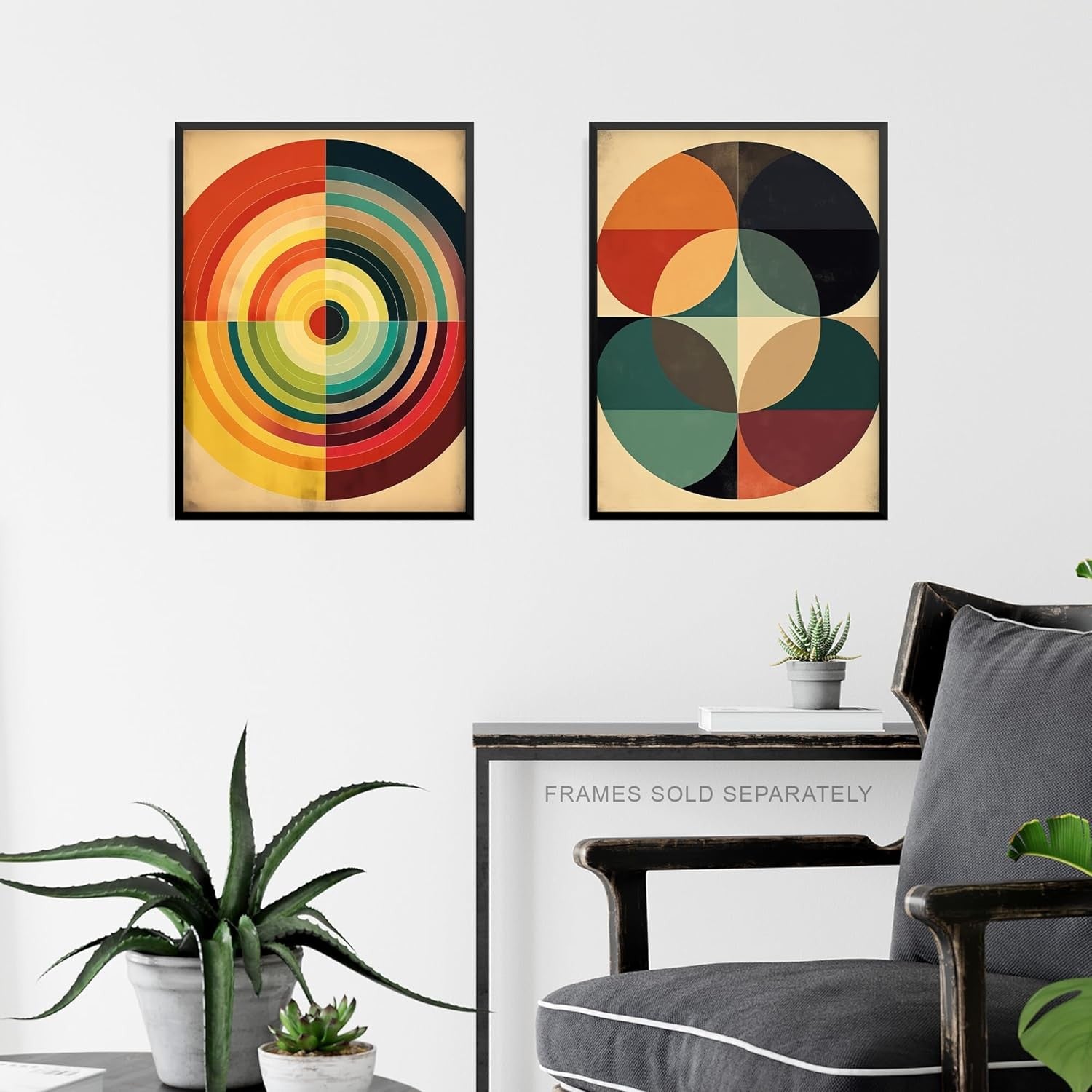 Set of 3 Mid Century Modern Bauhaus Geometric Circle Wall Art Prints